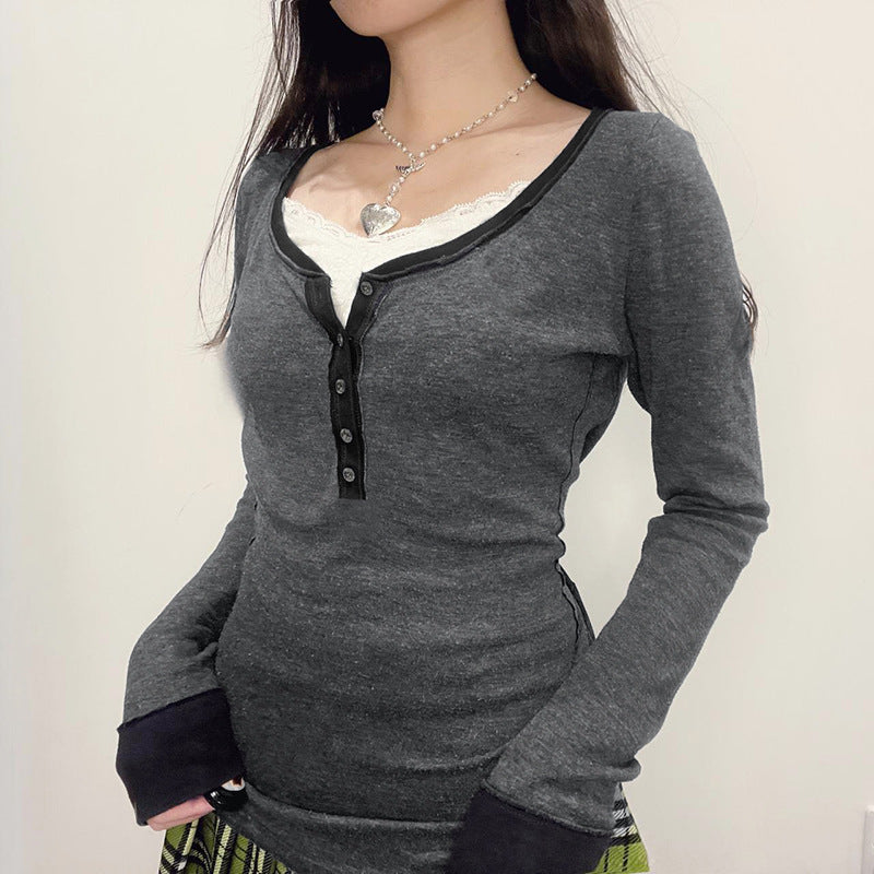 Female Gray Breasted Long Sleeve T-shirt Pullover Top