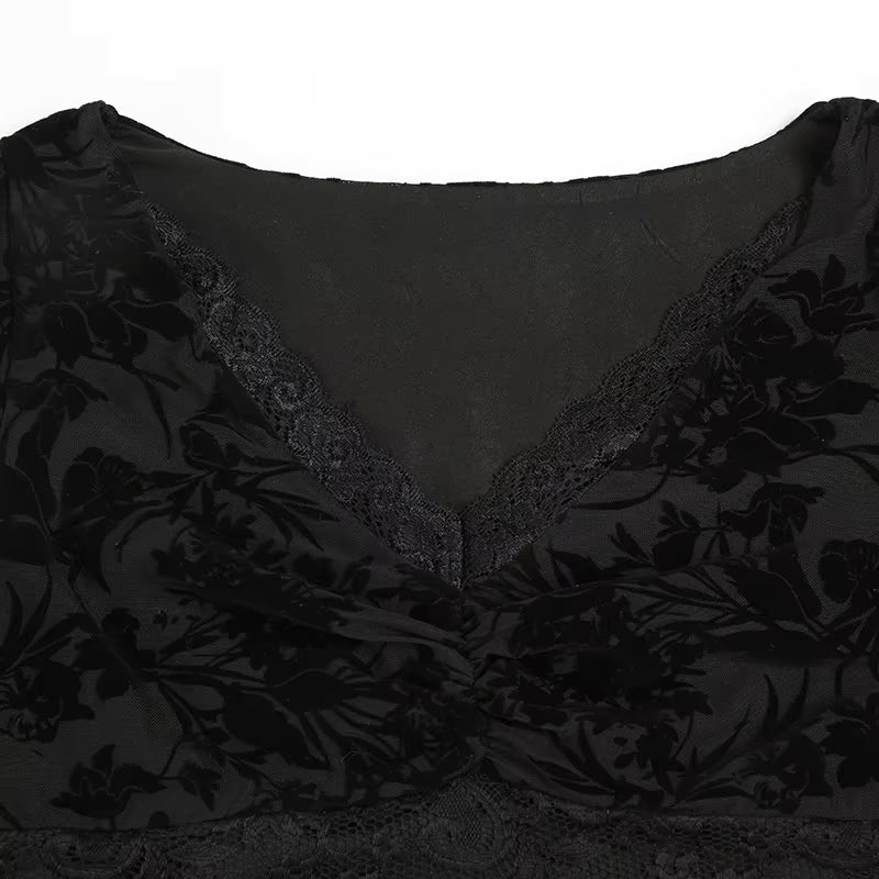 European Station Pure Desire Hot Girl Lace Patchwork V-Neck Top