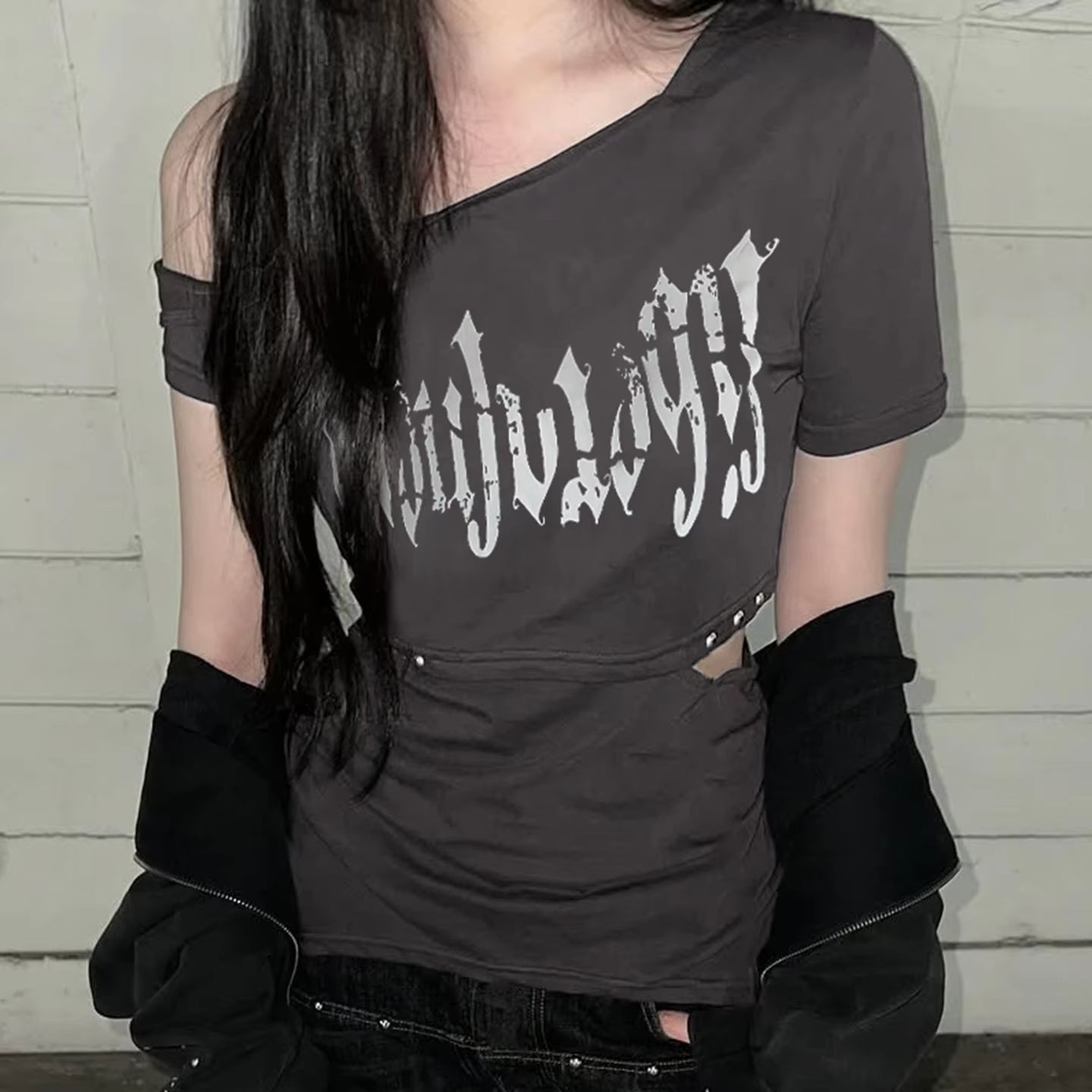 Summer Punk Irregular Round Neck T-Shirt – Women’s Letter Print Top TS1