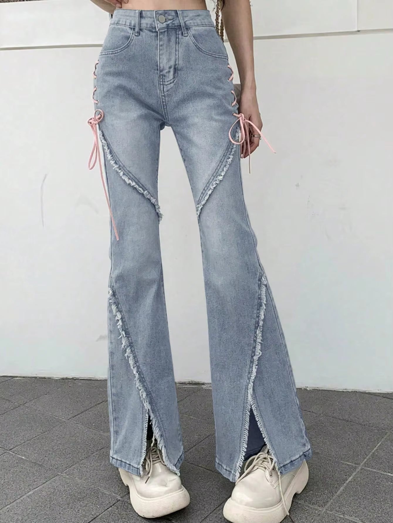 Y2K Low-Rise Tie-Side Flare Jeans β Raw Hem & Split Front PT10