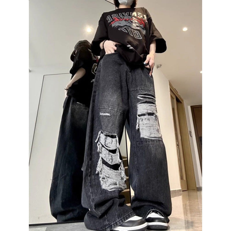 Low Rise Waist Vintage Korean Washed Ripped Y2k Streetwear Pants Women's Black Distressed Jeans PT11