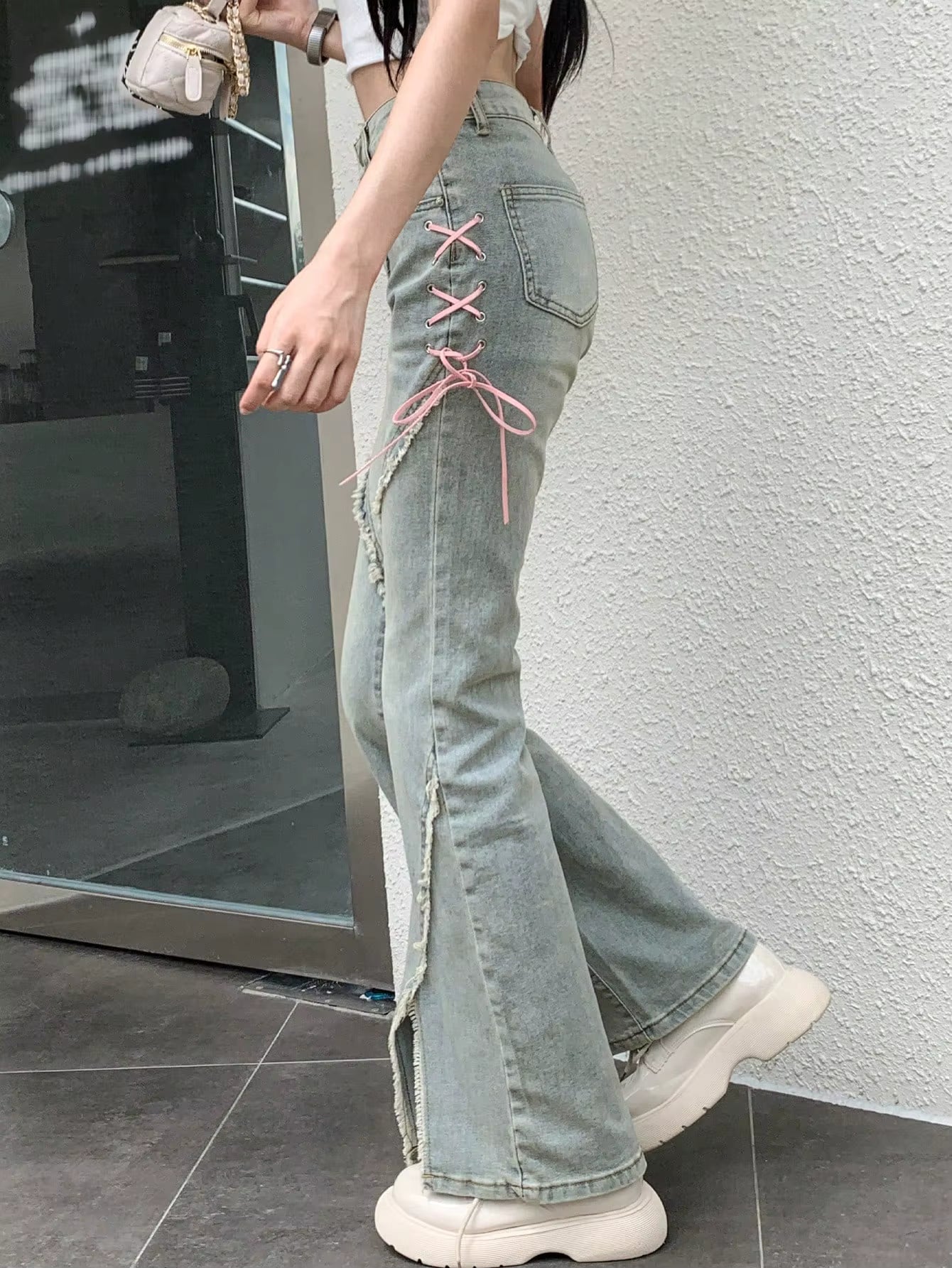 Y2K Low-Rise Tie-Side Flare Jeans β Raw Hem & Split Front PT10