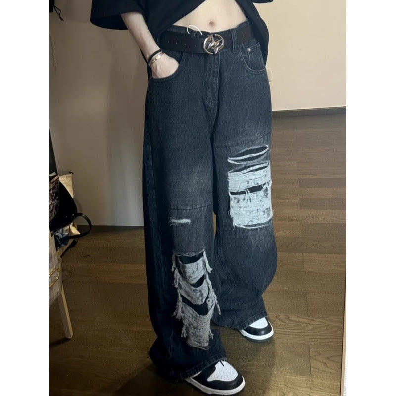 Low Rise Waist Vintage Korean Washed Ripped Y2k Streetwear Pants Women's Black Distressed Jeans PT11