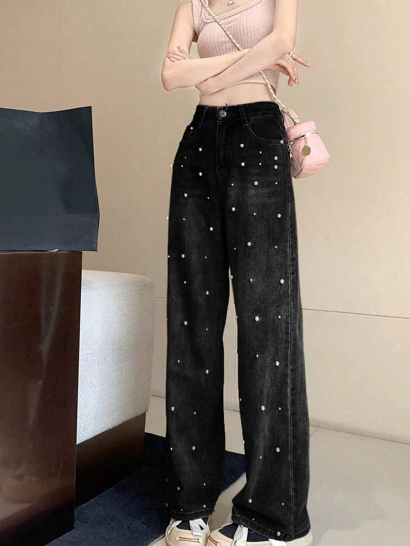 Y2K High-Waisted Pearl-Detail Wide-Leg Denim Pants PT14