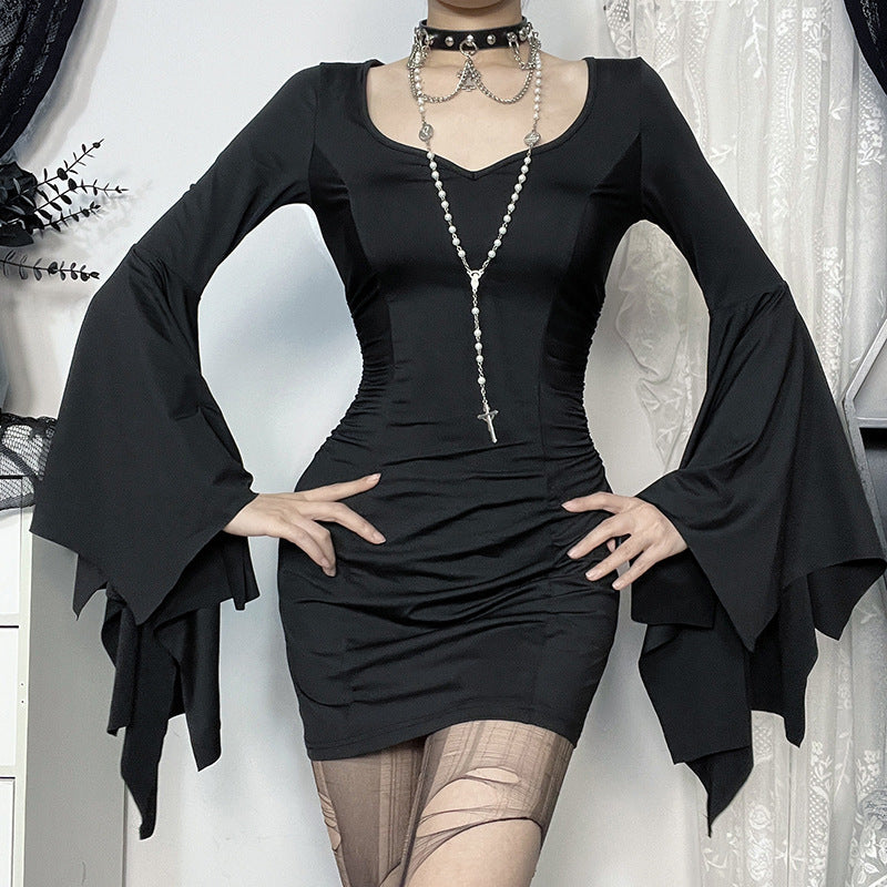 Gothic Batwing Sleeve V-Neck Long Black Dress