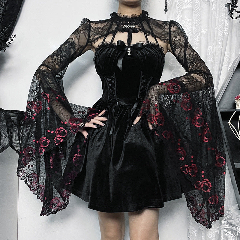 Dark Goth Style Embossed Slightly Transparent Slim Lace Smock Top