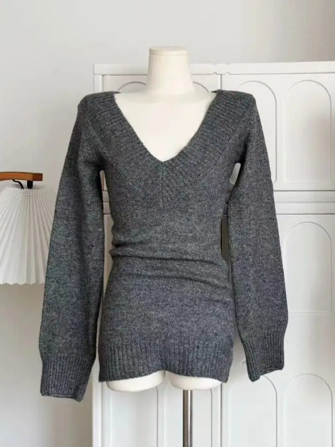 Retro V-neck Gray Long Sleeves Sweater