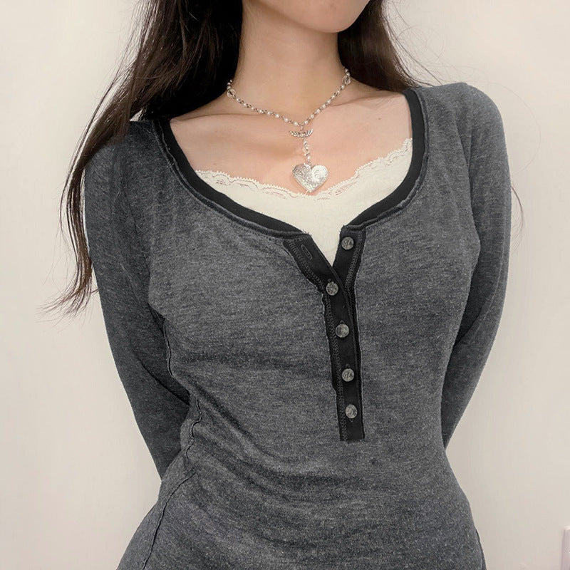 Female Gray Breasted Long Sleeve T-shirt Pullover Top