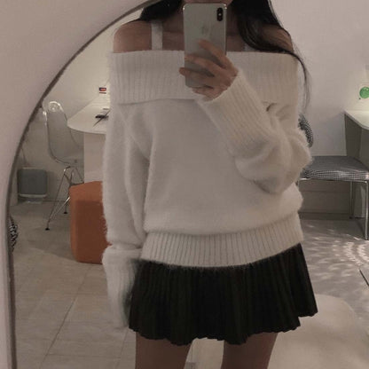 Off-the-shoulder Off-neck Sweater Women's Large Knitted Top