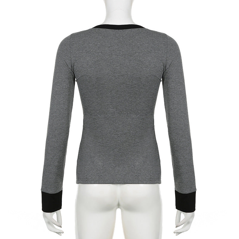 Female Gray Breasted Long Sleeve T-shirt Pullover Top