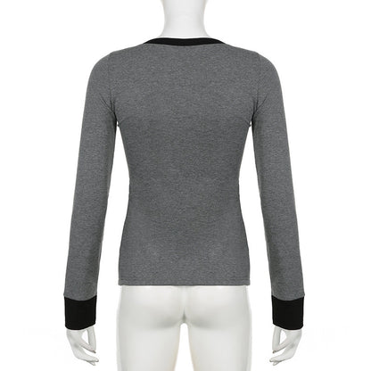 Female Gray Breasted Long Sleeve T-shirt Pullover Top