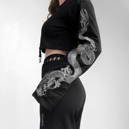 Dark Wind Dragon Pattern Long-Sleeved Sweater Women