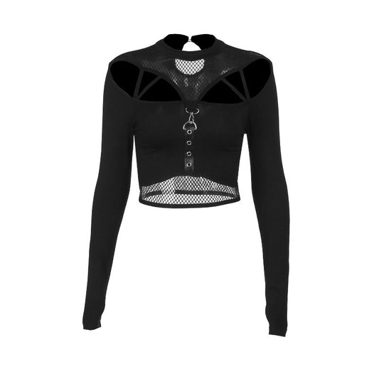 Dark Casual Temperament Wild Slim-fit Mesh Long-sleeved Top For Women