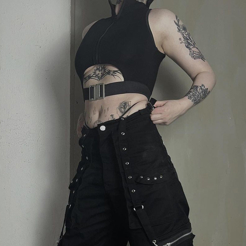 Dark Slim-fit Off-shoulder Waist Hollow-out Vest Top For Women