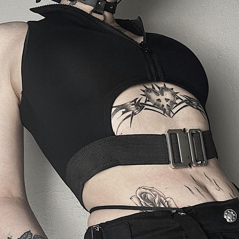 Dark Slim-fit Off-shoulder Waist Hollow-out Vest Top For Women