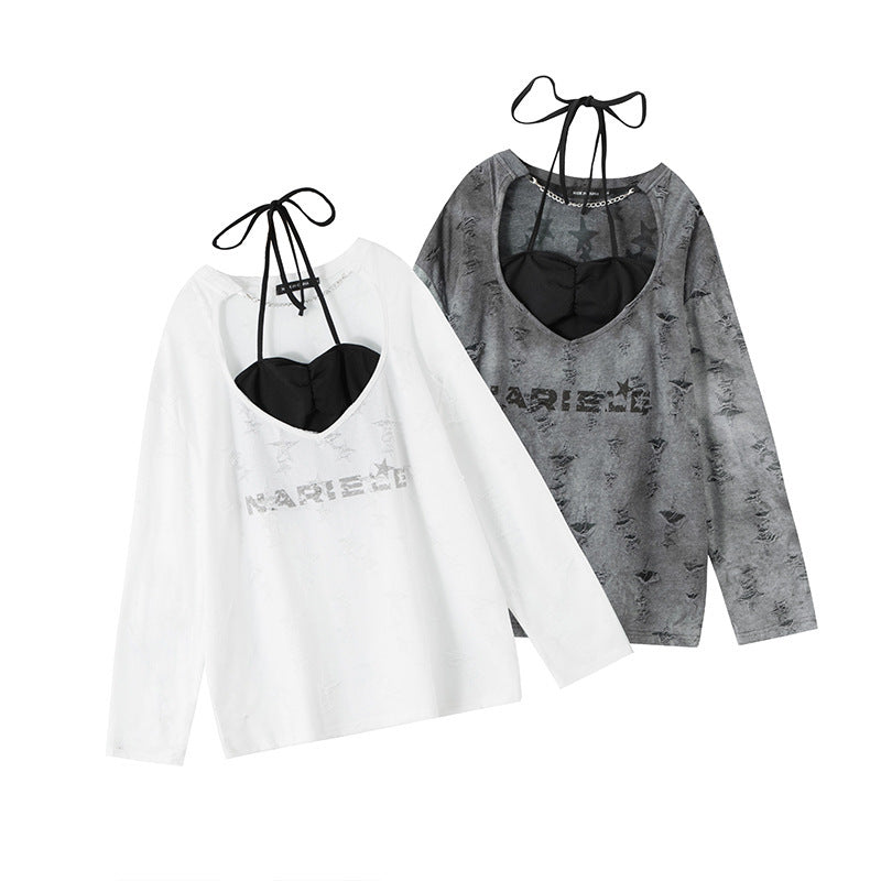 Lace-up Halterneck Long-sleeved Top