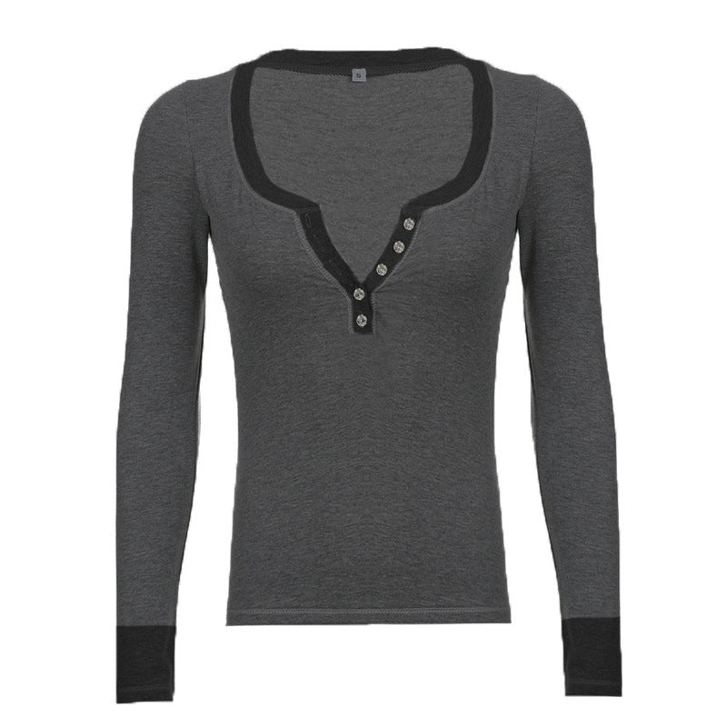 Female Gray Breasted Long Sleeve T-shirt Pullover Top