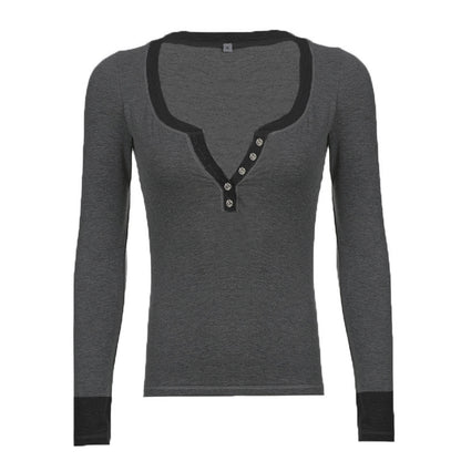 Female Gray Breasted Long Sleeve T-shirt Pullover Top