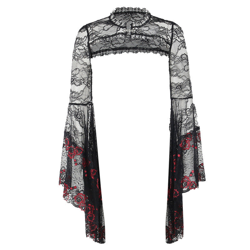 Dark Goth Style Embossed Slightly Transparent Slim Lace Smock Top