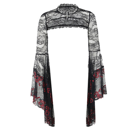 Dark Goth Style Embossed Slightly Transparent Slim Lace Smock Top