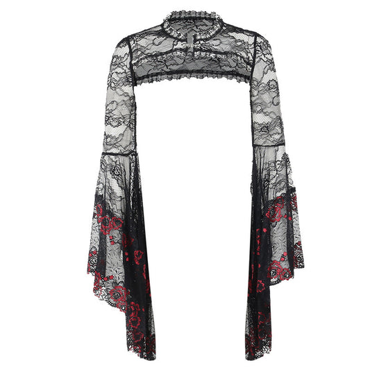 Dark Goth Style Embossed Slightly Transparent Slim Lace Smock Top