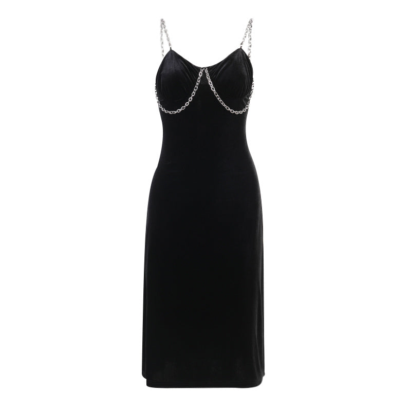 Korean Velvet Fabric Dark Sexy High-waisted Slit Dress For Women With Breasts