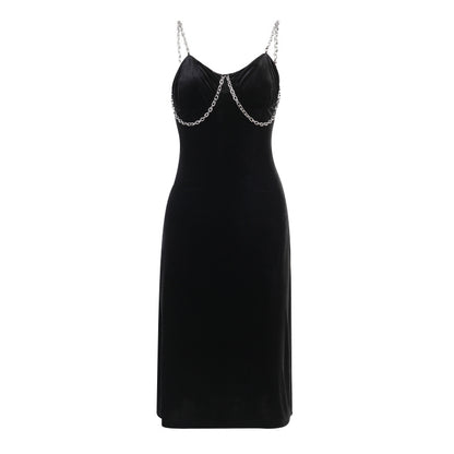 Korean Velvet Fabric Dark Sexy High-waisted Slit Dress For Women With Breasts