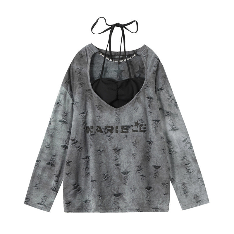 Lace-up Halterneck Long-sleeved Top