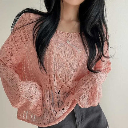 Hollow Jacquard Sun Protection Shirt Knitted Blouse Women Loose Thin Top