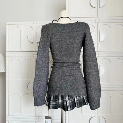 Retro V-neck Gray Long Sleeves Sweater