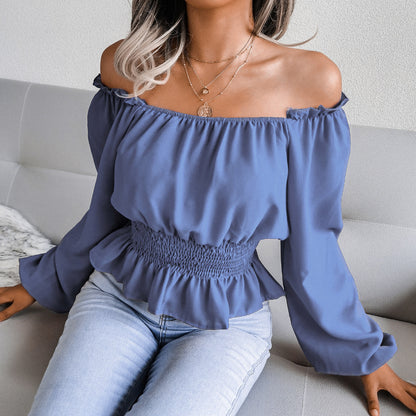 Female One Necked Off Shoulder Hem With Ruffled Edges Chiffon Sweater