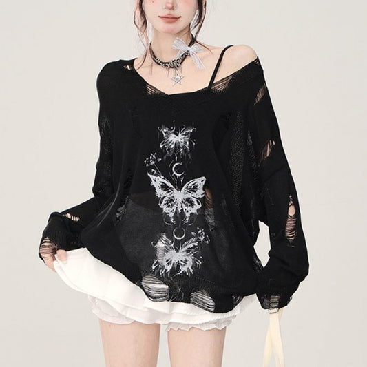 Fashion Graffiti Butterfly Hollow T-shirt