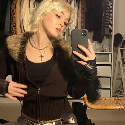 Winter Double Zip Fur Ball Drawstring Warm Jacket