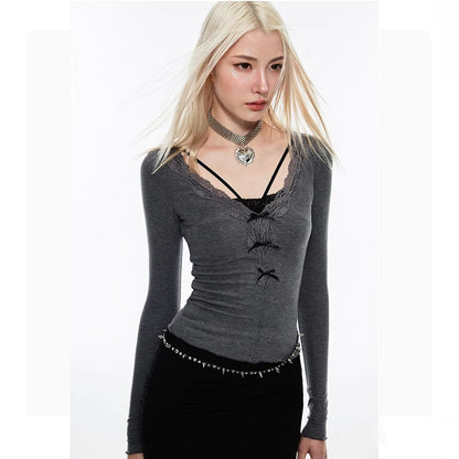 Slim Fit Waist Pure Color All-matching Lace V-neck Knitted Underwear Top