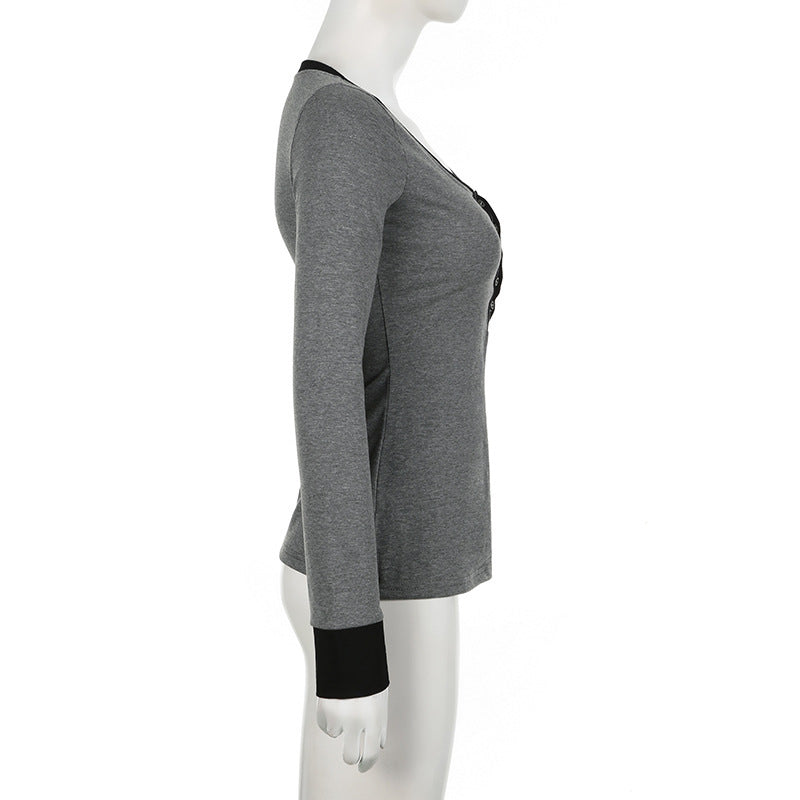 Female Gray Breasted Long Sleeve T-shirt Pullover Top