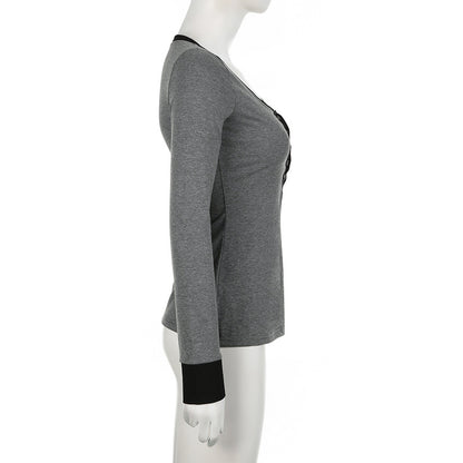 Female Gray Breasted Long Sleeve T-shirt Pullover Top
