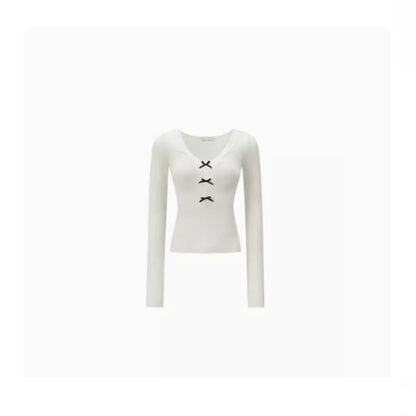 Slim Fit Waist Pure Color All-matching Lace V-neck Knitted Underwear Top