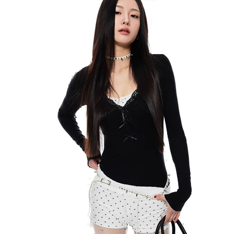 Slim Fit Waist Pure Color All-matching Lace V-neck Knitted Underwear Top