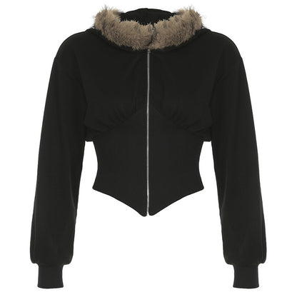 Women's Cardigan Fur Collar Stitching Hooded Top
