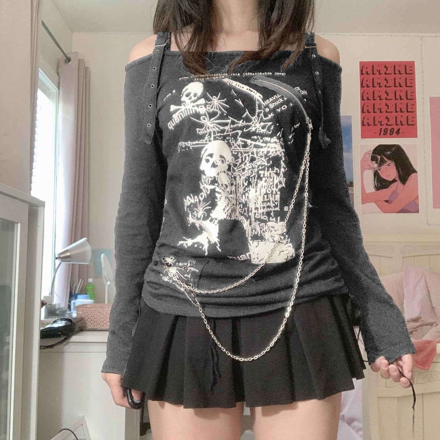 Spicy Girl Y2K Lace-Up Skull Crop Tee