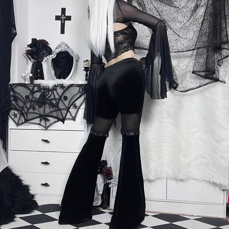 Hot Girl Mesh-Panel Bell-Bottom Pants