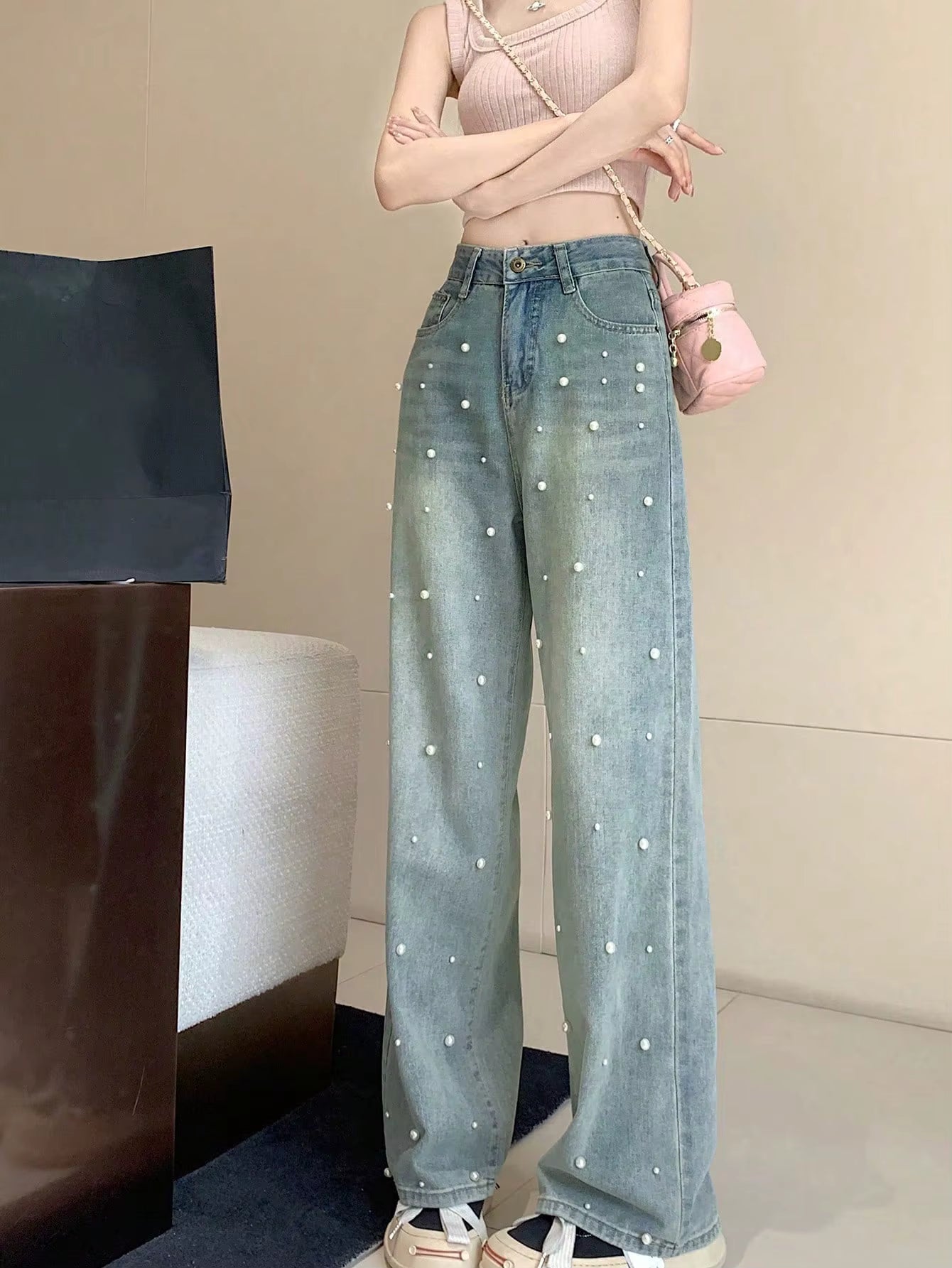 Y2K High-Waisted Pearl-Detail Wide-Leg Denim Pants PT14
