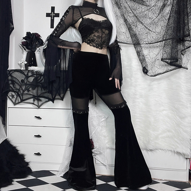 Hot Girl Mesh-Panel Bell-Bottom Pants