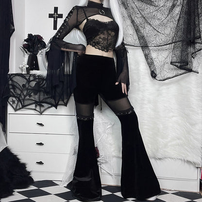 Hot Girl Mesh-Panel Bell-Bottom Pants