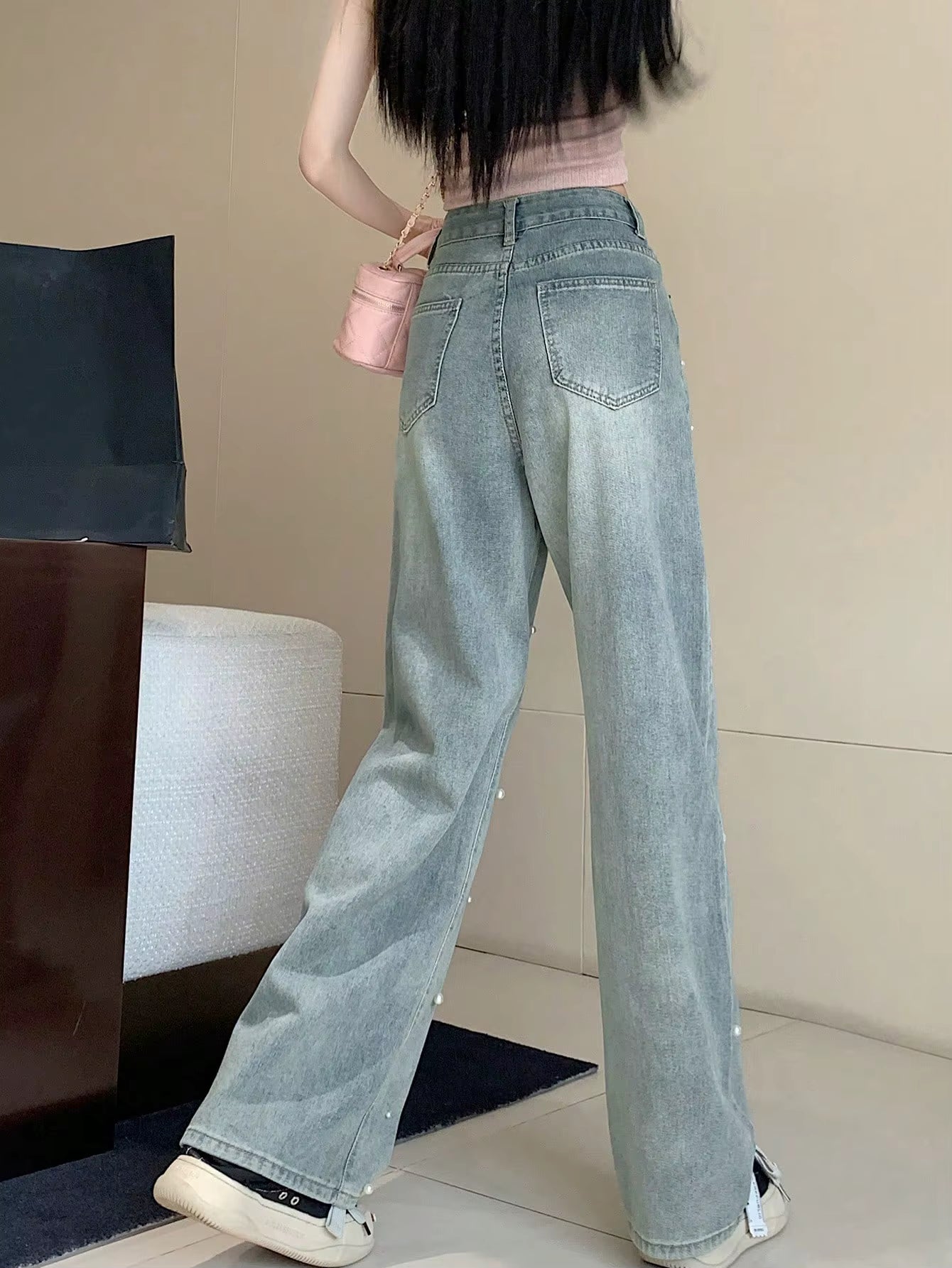 Y2K High-Waisted Pearl-Detail Wide-Leg Denim Pants PT14
