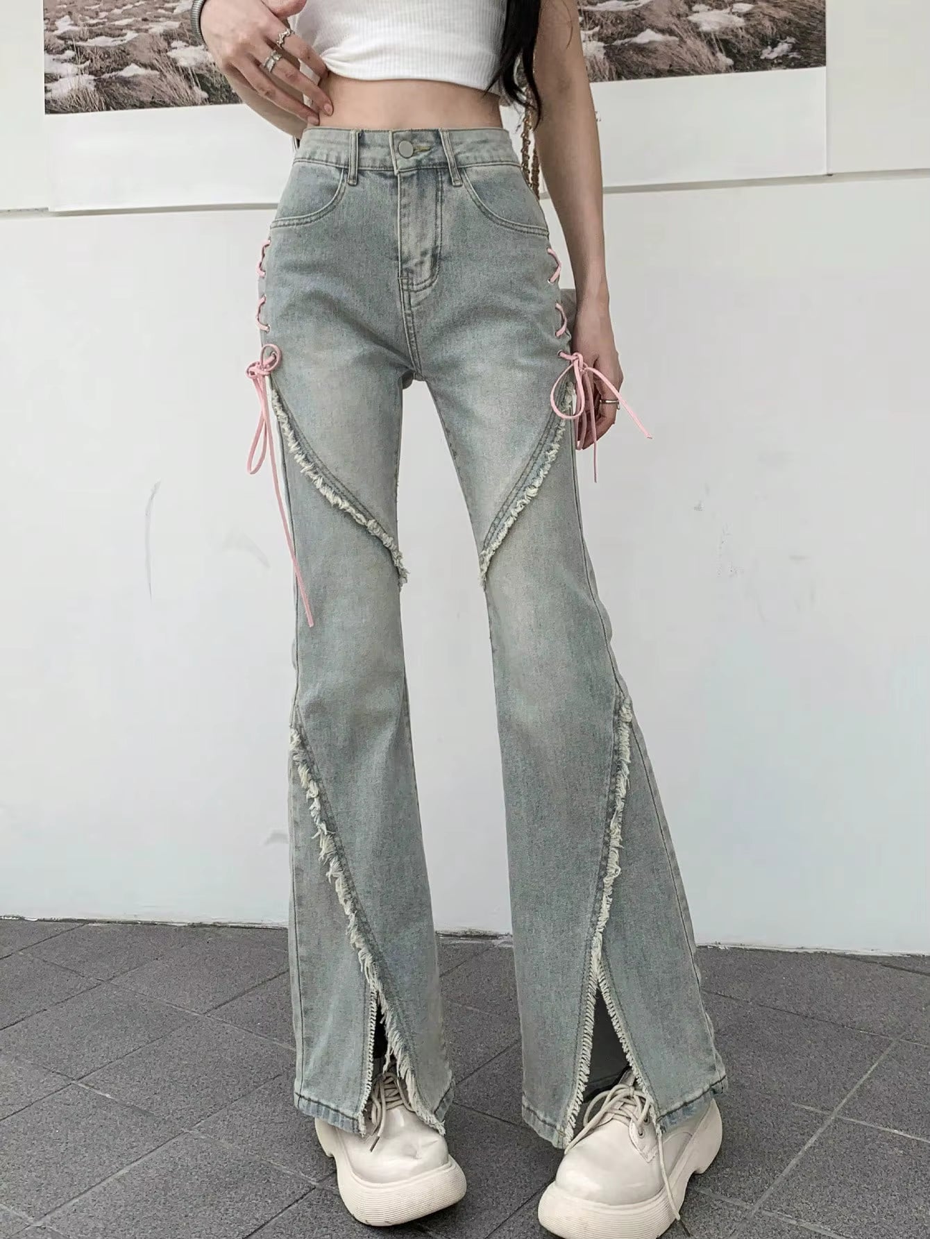 Y2K Low-Rise Tie-Side Flare Jeans – Raw Hem & Split Front PT10