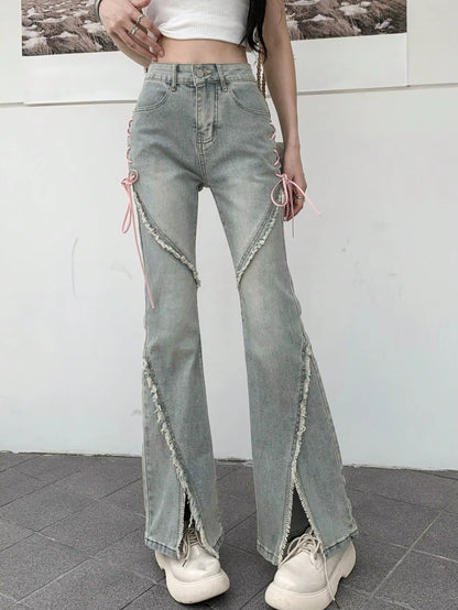 Y2K Low-Rise Tie-Side Flare Jeans – Raw Hem & Split Front PT10