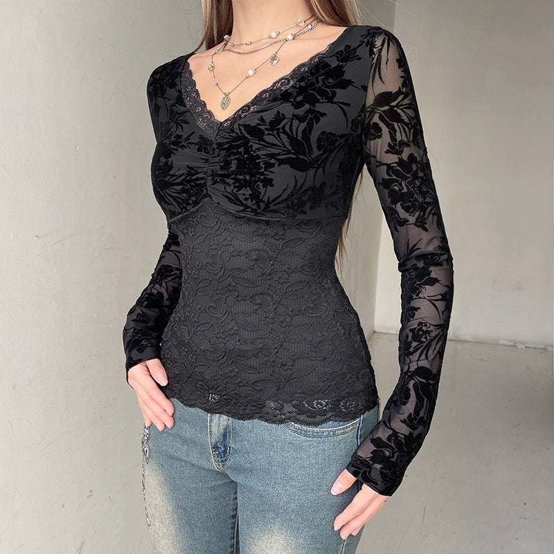 European Station Pure Desire Hot Girl Lace Patchwork V-Neck Top