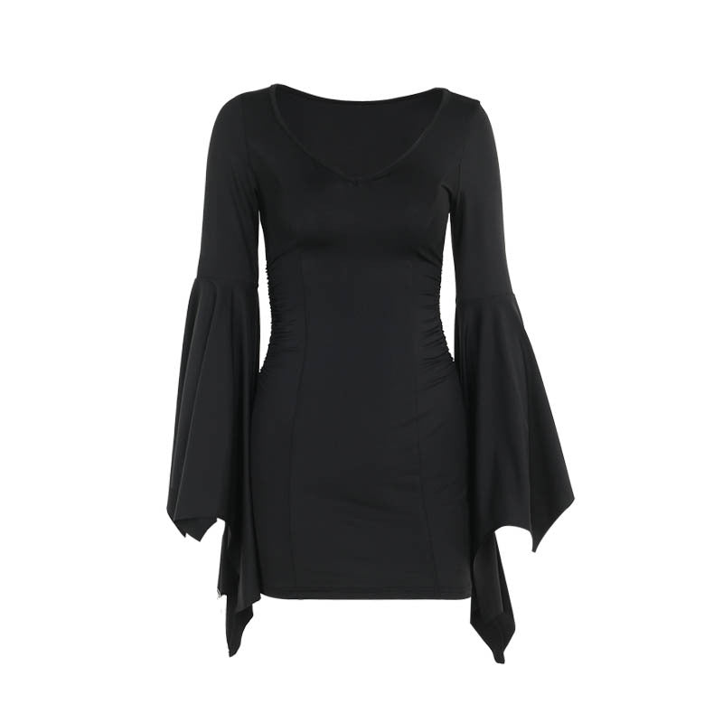 Gothic Batwing Sleeve V-Neck Long Black Dress