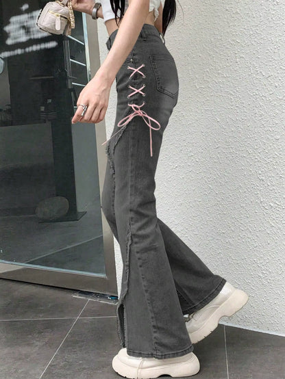 Y2K Low-Rise Tie-Side Flare Jeans – Raw Hem & Split Front PT10